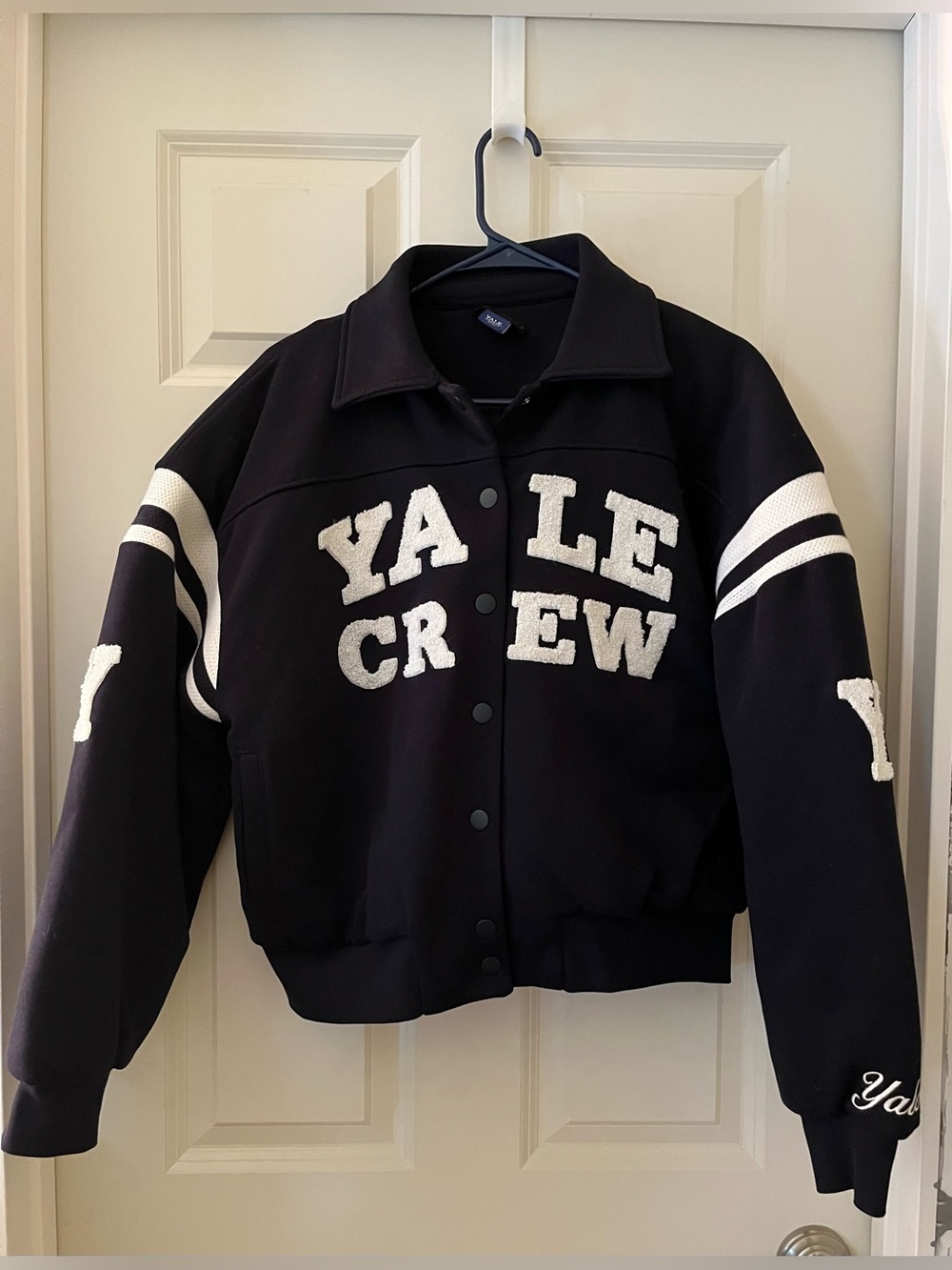 Zara Yale Crew Varsity Bomber Jacket Dark Navy Blue White Collegiate Letterman S